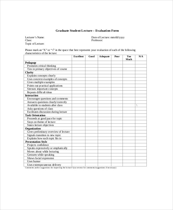 graduate lecture evaluation form