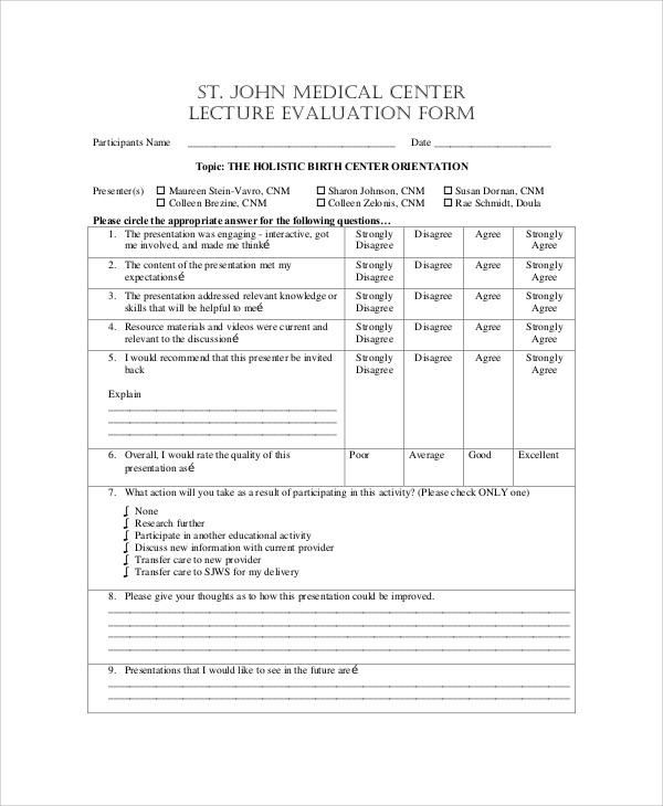 medical lecture evaluation form