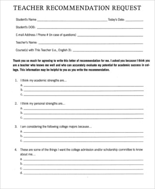 teacher recommendation letter request form