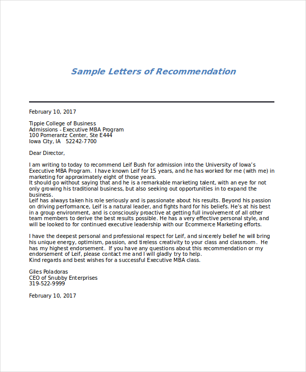 FREE 10+ Sample MBA Recommendation Letter Templates in PDF | MS Word ...