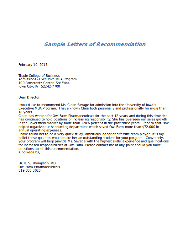 sample mba recommendation letter from employer