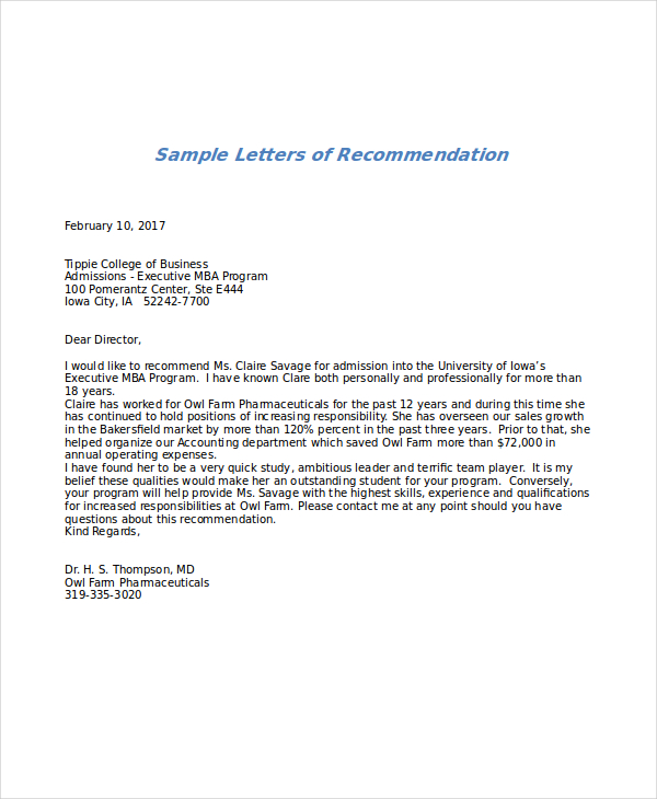 Letter Of Recommendation For Mba Sample 4992