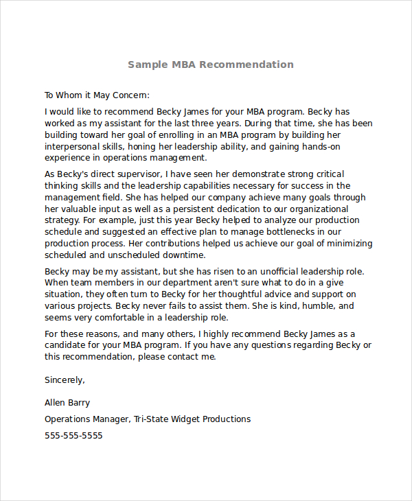 Mba Letter Sample From Professor PDF Template