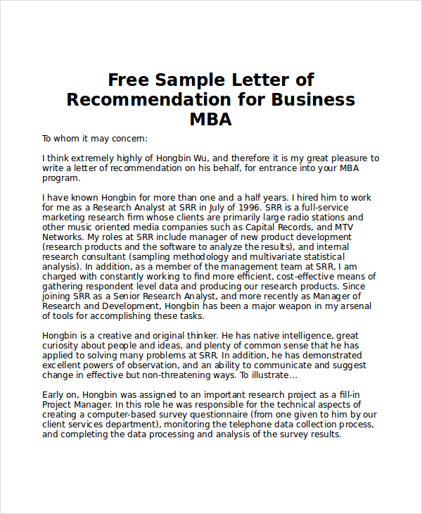 Free 10 Sample Mba Recommendation Letter Templates In Pdf Ms Word Google Docs Pages