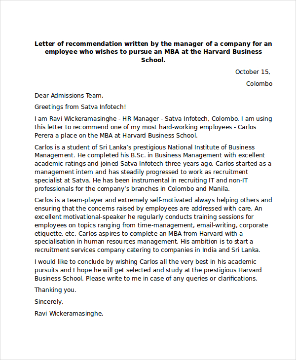 recommendation letter for mba admission