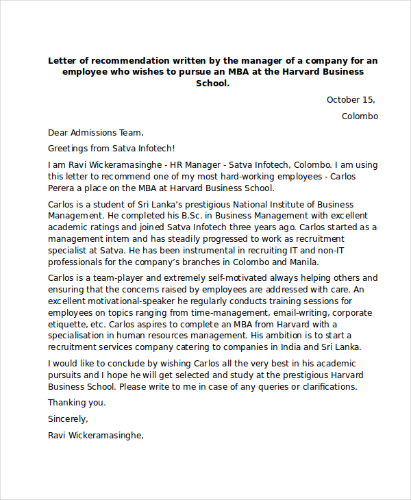 Mba Letter Of Recommendation Template 9225