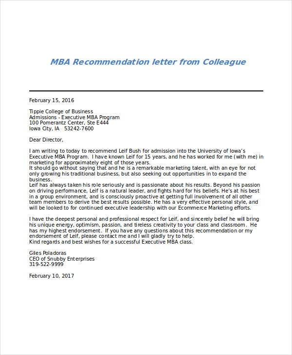 mba recommendation letter from colleague
