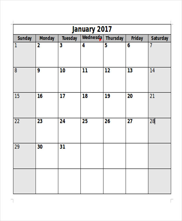 free 5 printable blank calendar samples in ms word pdf