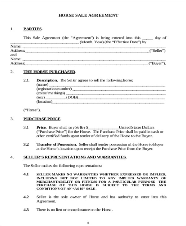 printable horse sales contract