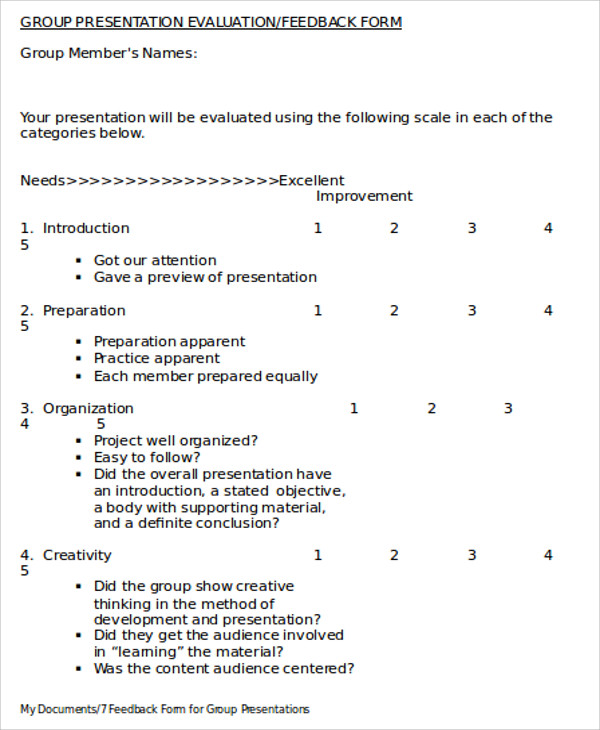 group presentation evaluation form example