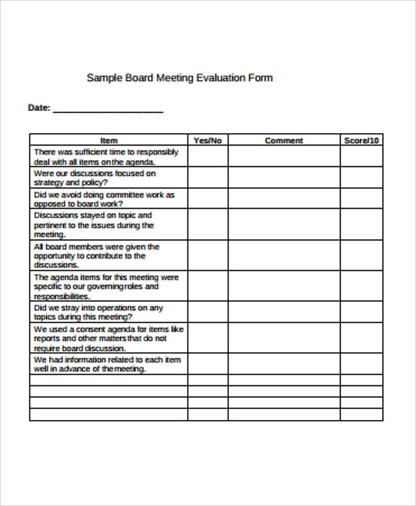 sample board meeting evaluation form