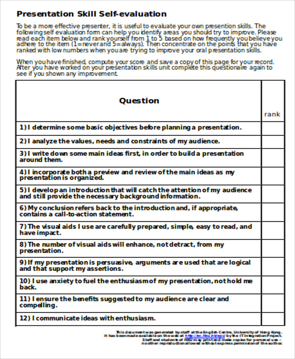 self assessment of presentation