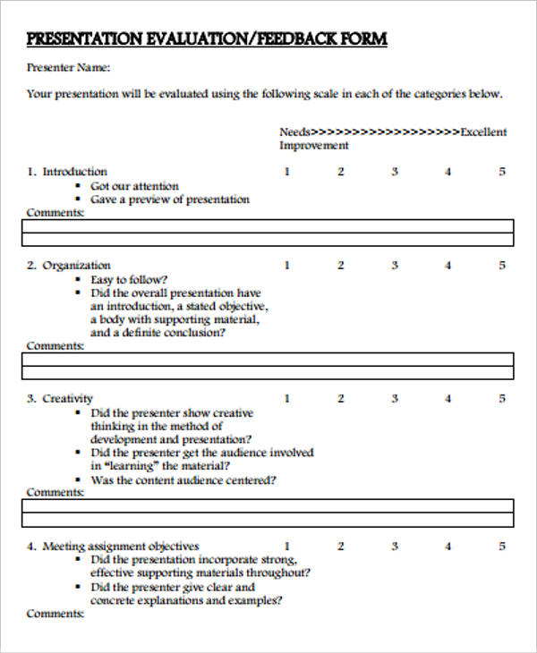 presentation evaluation feedback form