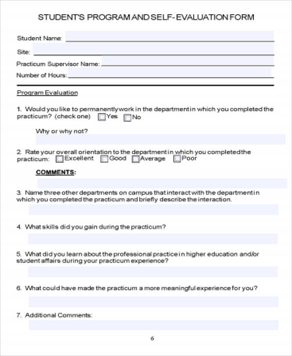 sample self program evaluation form