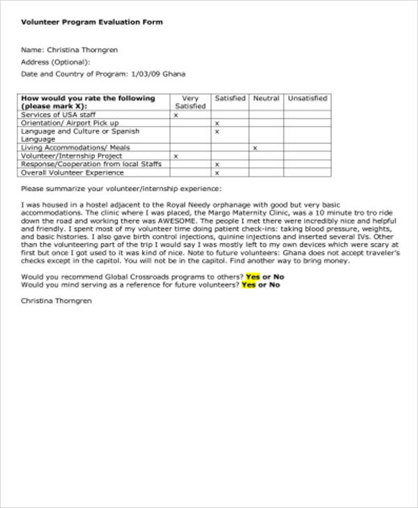 volunteer program evaluation form