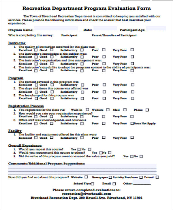 recreation program evaluation form