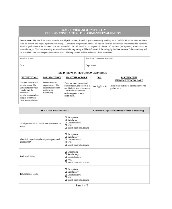 vendor performance evaluation form sample