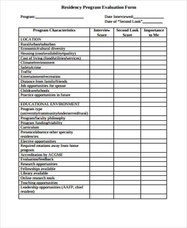 residency program evaluation form