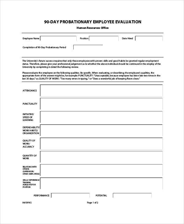 90 day employee evaluation form