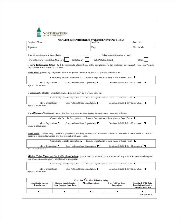 new employee performance evaluation form