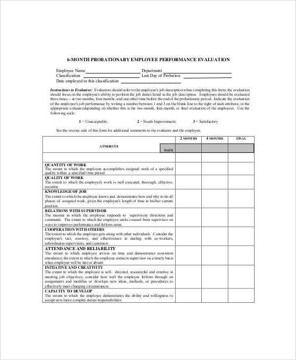 employee probationary evaluation form example