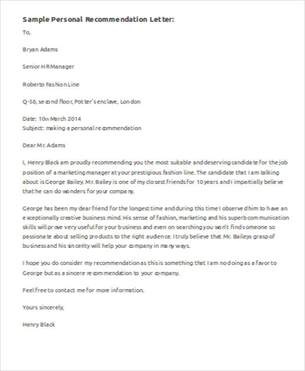 Example Of Personal Recommendation Letter For Job