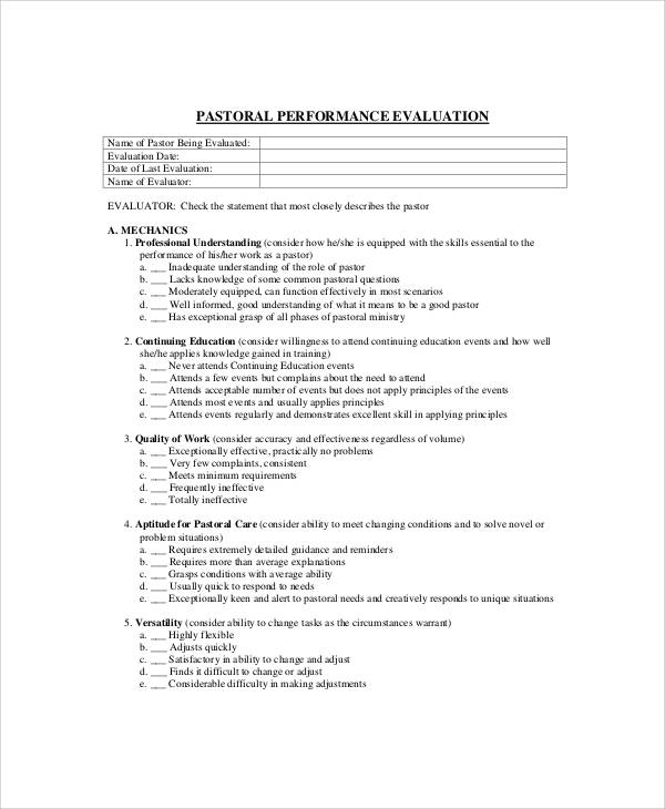 sample pastor job evaluation form