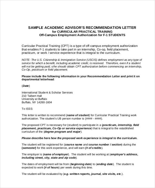 academic advisor recommendation letter
