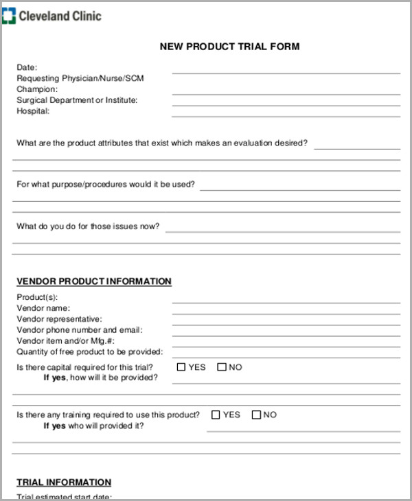 Product evaluation. Trial products Return form. Trials Report.