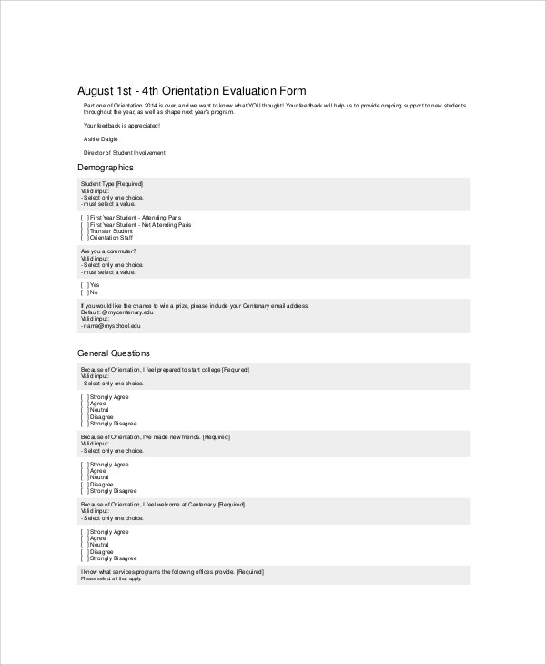 student orientation evaluation form
