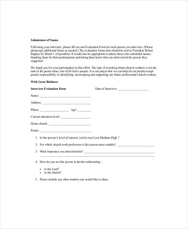 pastor interview evaluation form