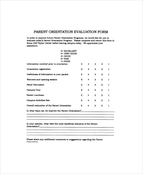 parent orientation evaluation form