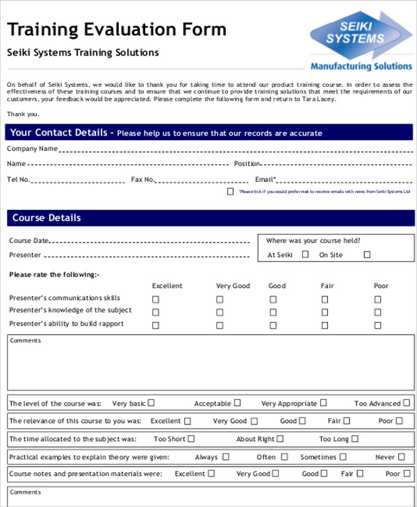product training evaluation form