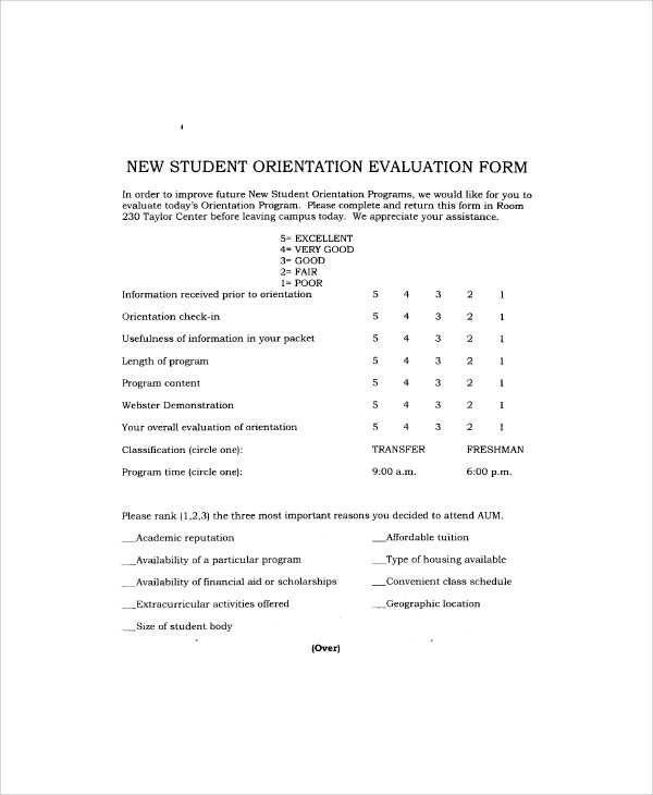 new student orientation evaluation form