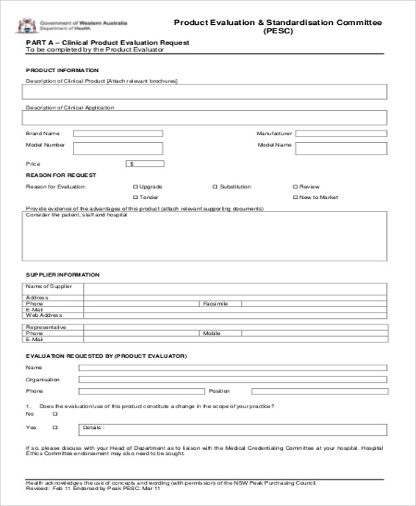 hospital product evaluation form