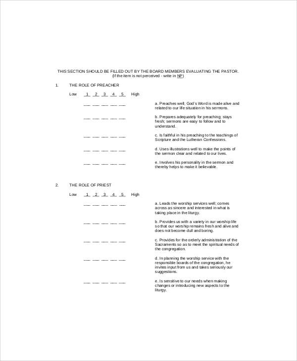 pastor evaluation form pdf