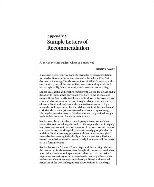 example of academic recommendation letter
