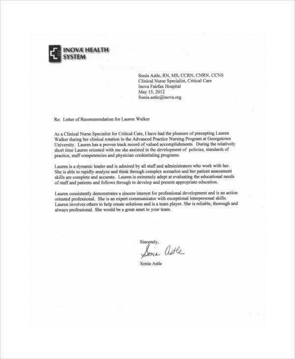 Nursing Reference Letter Of Recommendation Sample