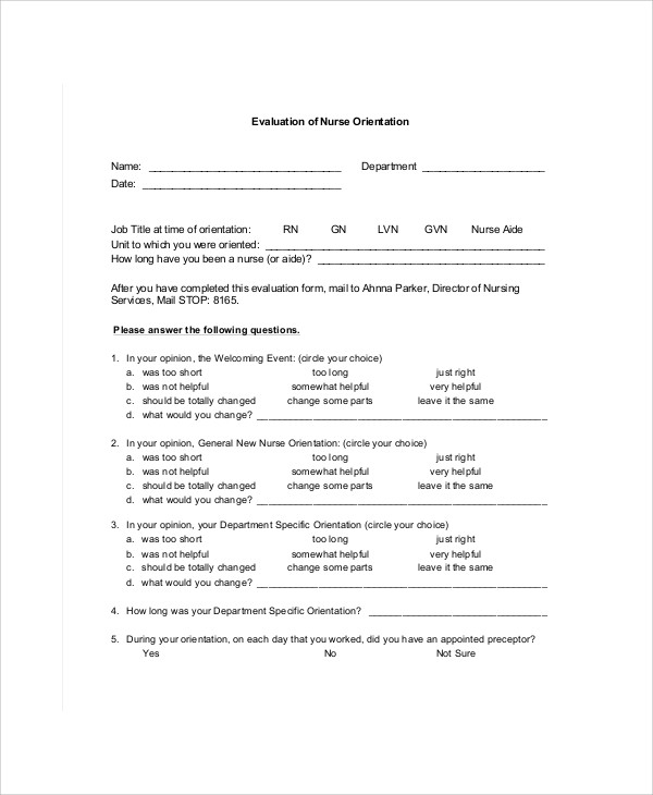 nursing orientation evaluation form