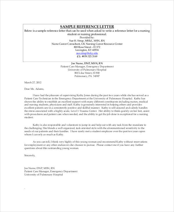 nursing job recommendation letter sample