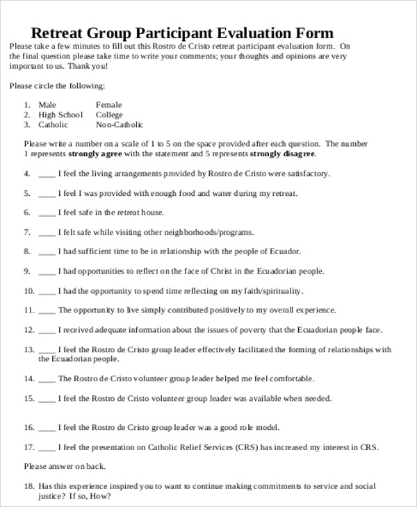 Free 9 Sample Retreat Evaluation Forms In Ms Word Pdf