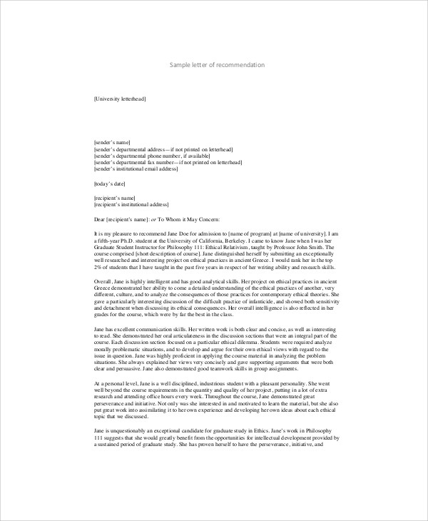 sample recommendation letter for graduate school from professor