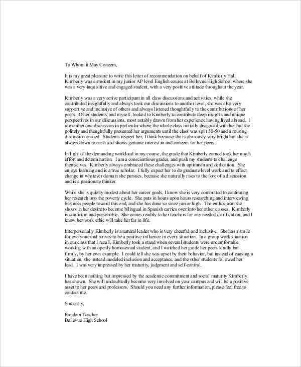 FREE 9 Sample Recommendation Letter For High School Student In PDF 