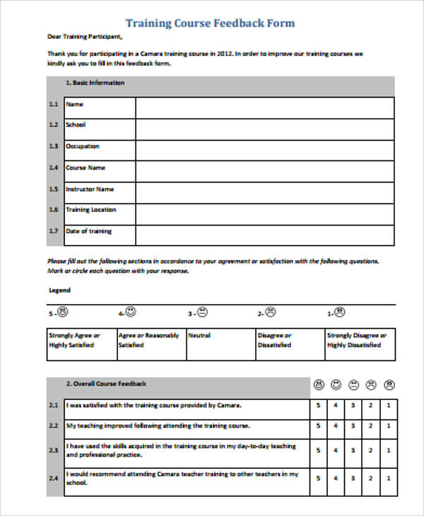 sample training course feedback form