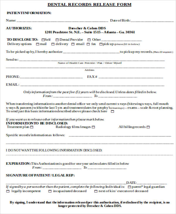 dental records release form example