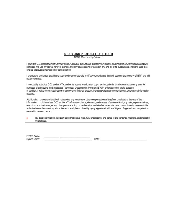 story and photograph release form