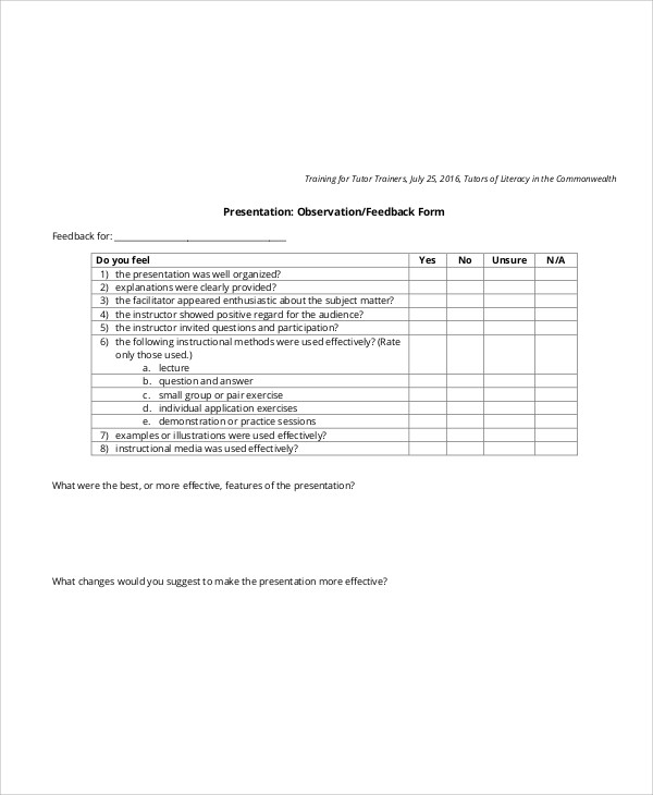 presentation observation feedback form