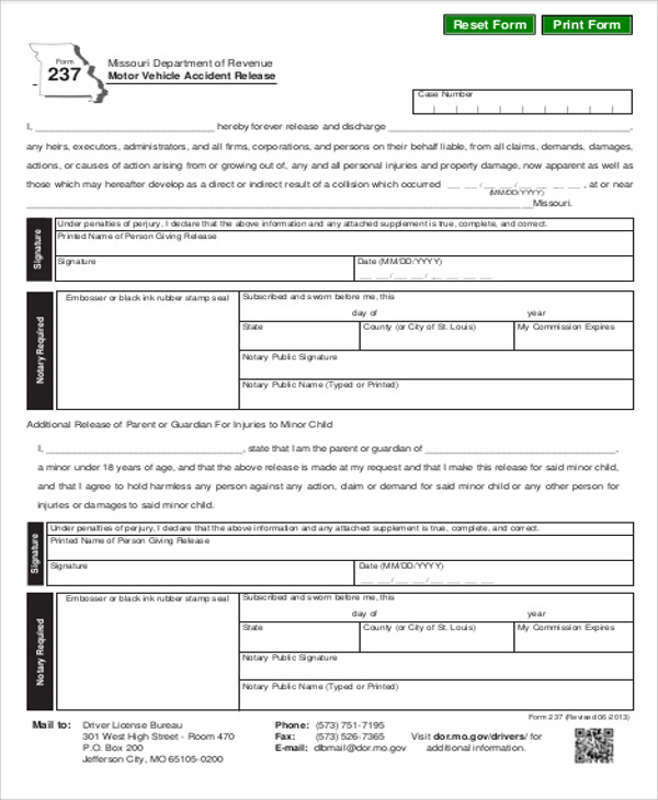 vehicle accident release form example