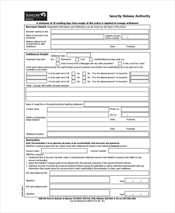 mortgage security release authority form