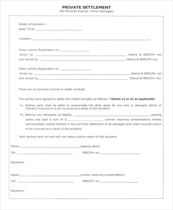 accident private settlement release form